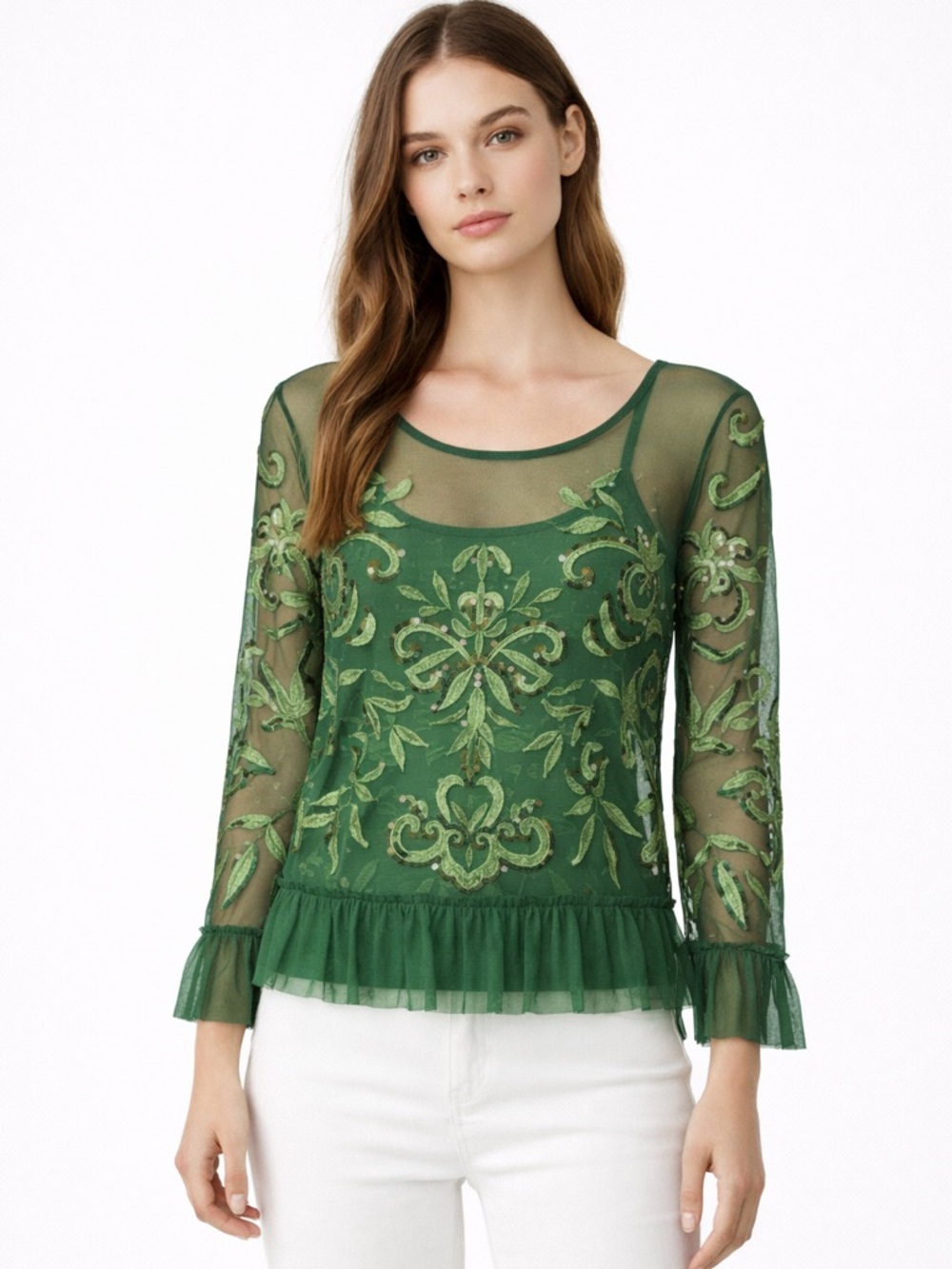Embroidered Green Sheer Peplum Blouse